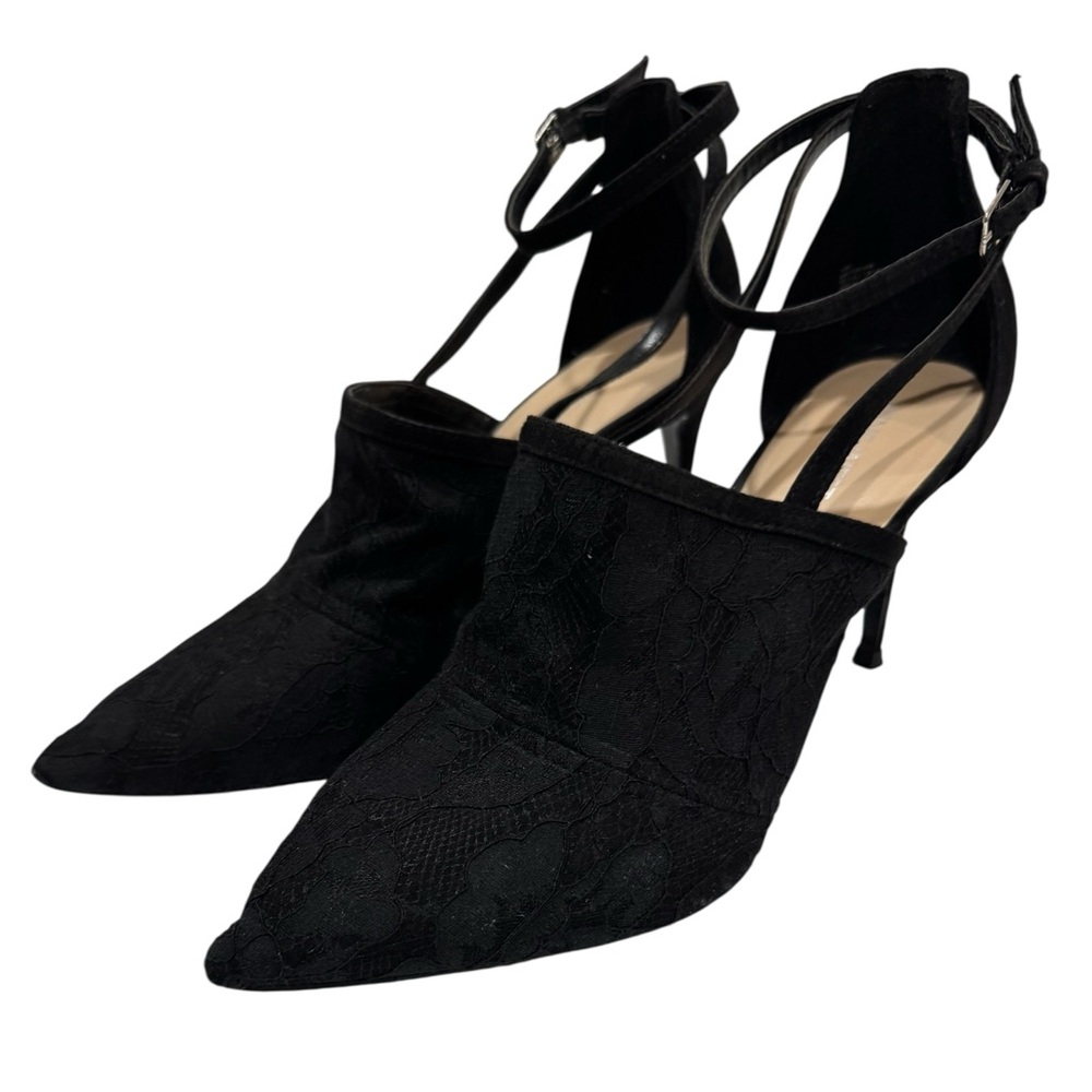 NINE WEST Sexy Lace Overlay Black Strap Pumps Heels 10 - Picture 3 of 17